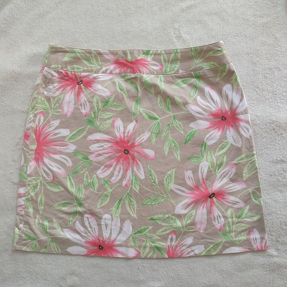 Talbots Petites Pencil Skirt 14P Beige Pink Floral Zip Mini Office Made In USA